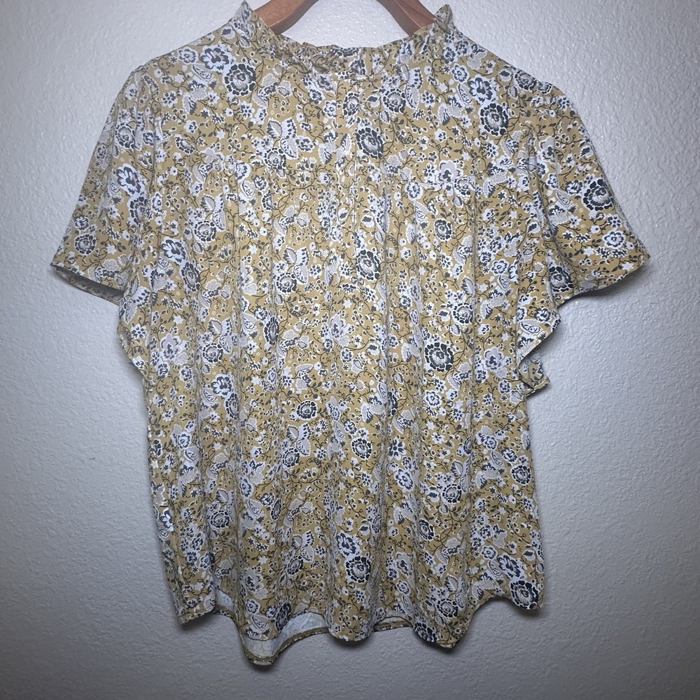 Ann Taylor Petite Floral Ruffle Neck Blouse Mustard Yellow MP Short Sleeve Top